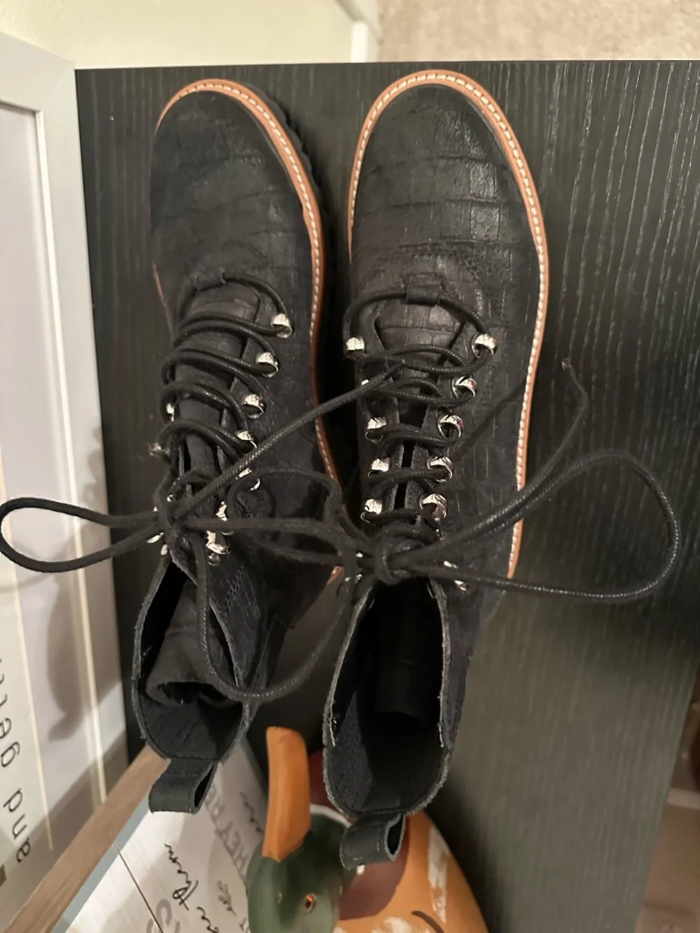 Marc Fisher Black Croc-Embossed Lace-Up Combat Boots like new - Picture 2 of 7